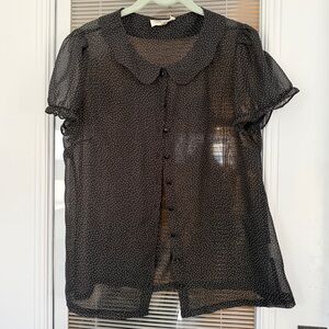 TATYANA White black bow print sheer ruffle vintage 1940s style blouse top SMALL